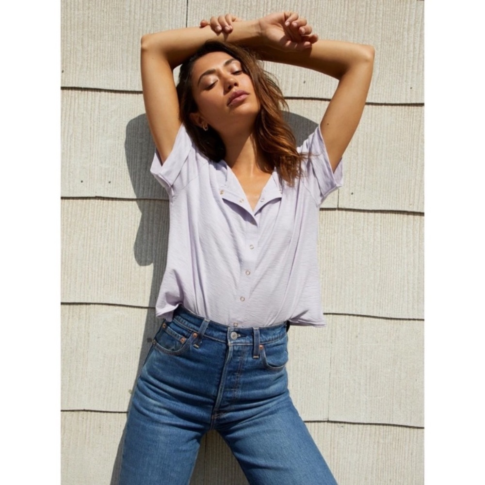 Nation LTD Rowan Henley Tee in White Large Pima Cotton Button Front Short Sleeve